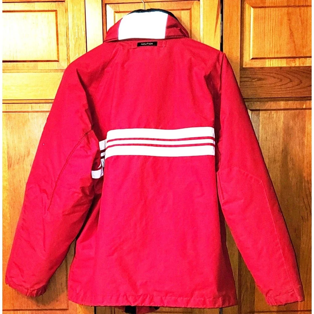 Vintage Nautica Down Puffer Coat Jacket Mens Size Large Red White Stripes Hooded